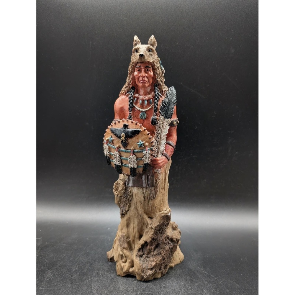 Old West Visions Warrior Wolf Warrior Figurine Headdress Shield Feather 10.25"